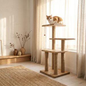 天然木製 キャットタワー 突っ張り型 スリム設計 省スペース 猫タワー 麻紐 爪とぎ 隠れ家 多頭飼い