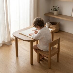 角丸設計 天然木 キッズデスク＆チェアセット 高さ調整可能 学習机 ローテーブル 幼児用デスク 安全設計