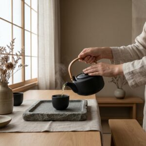 現代美学 急須 ティーポット 陶器製 マットブラック 天然木ハンドル 茶器 和モダン お茶時間
